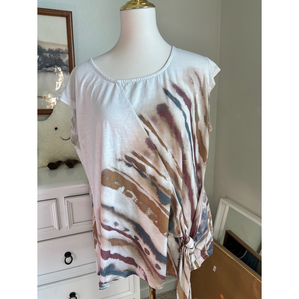 Tie Dye Side Knot Top Boho Wrap Shirt Earth Tone Abstract Short Sleeve Large